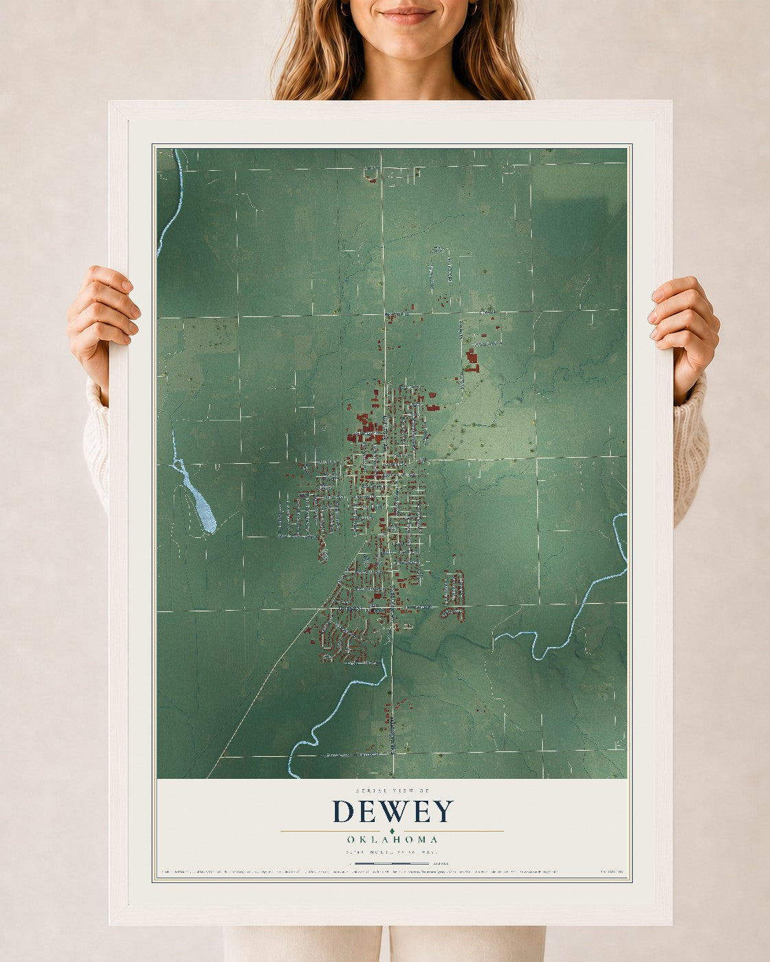 Map of Dewey, Oklahoma, 24 x 36 inch print in a white wood frame