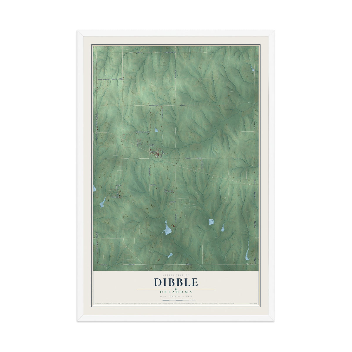 Map of Dibble, Oklahoma, 12 x 18 inch print in a white wood frame