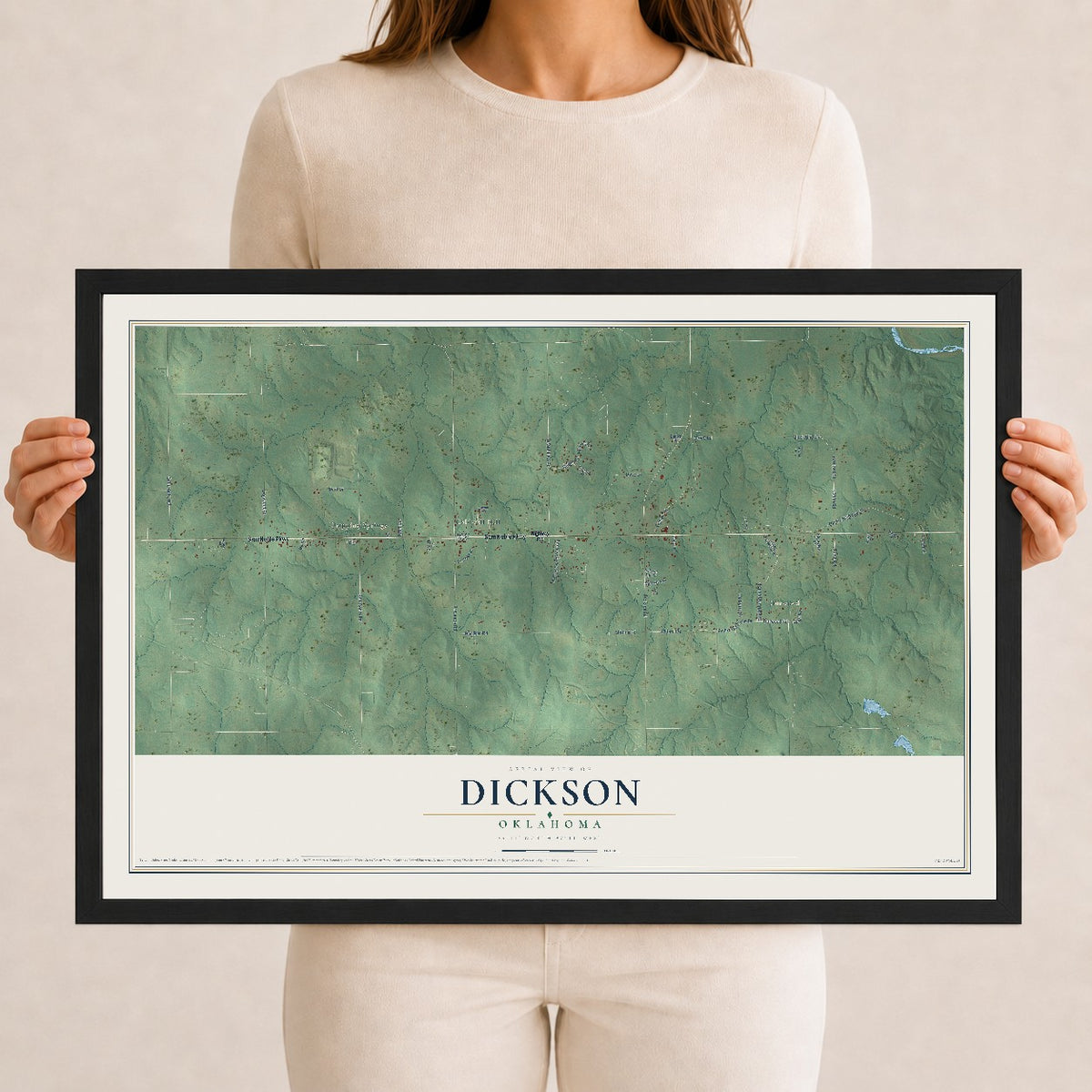 Map of Dickson, Oklahoma, 12 x 18 inch print in a black wood frame