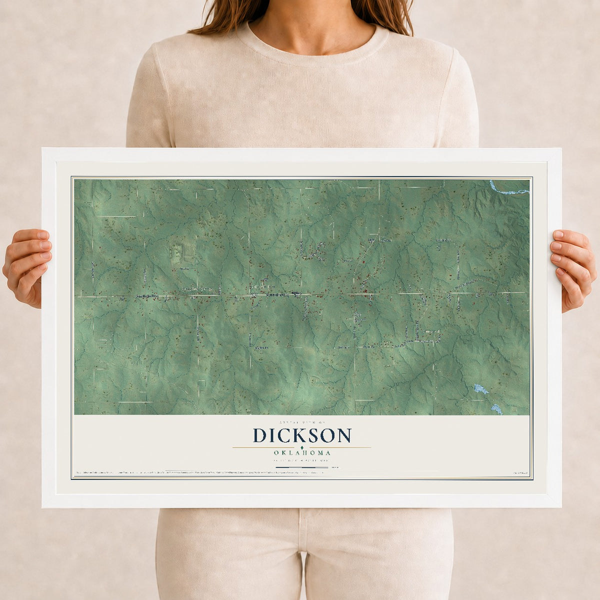 Map of Dickson, Oklahoma, 12 x 18 inch print in a white wood frame