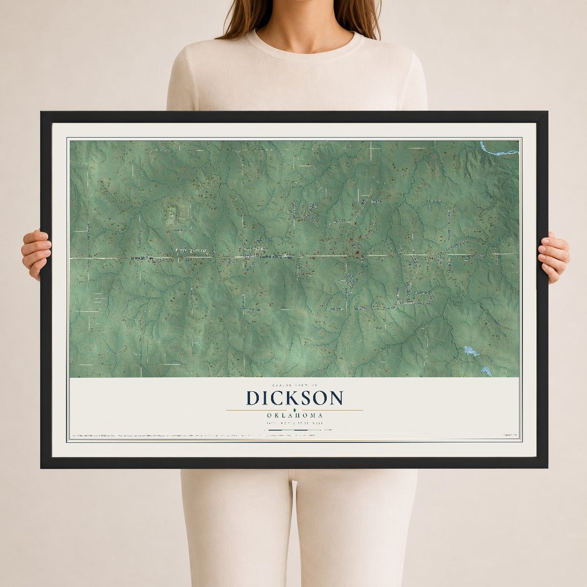 Map of Dickson, Oklahoma, 24 x 36 inch print in a black wood frame