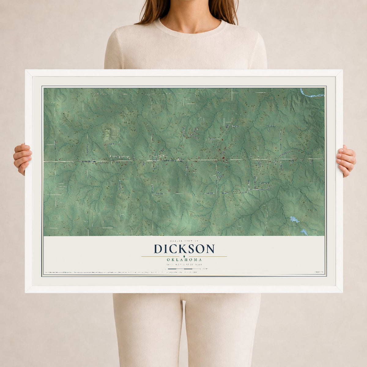 Map of Dickson, Oklahoma, 24 x 36 inch print in a white wood frame