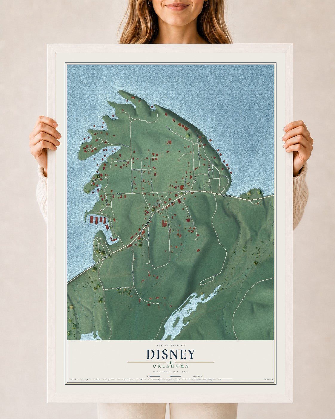 Map of Disney, Oklahoma, 24 x 36 inch print in a white wood frame