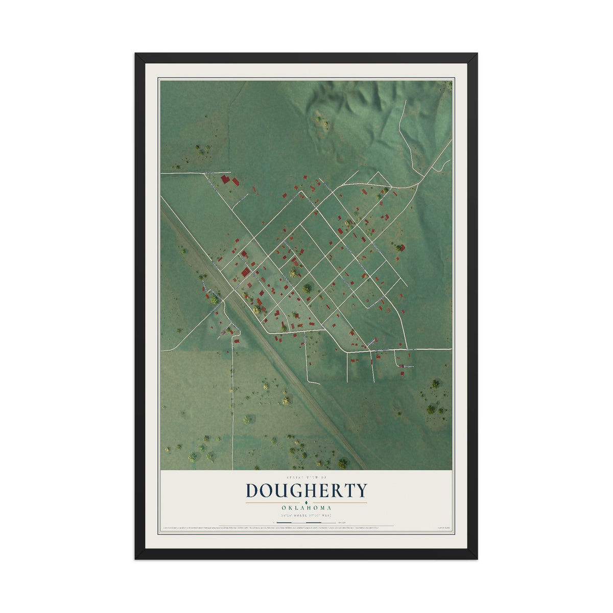 Map of Dougherty, Oklahoma, 12 x 18 inch print in a black wood frame