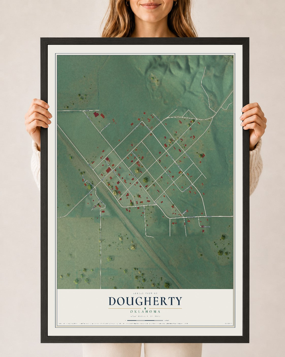 Map of Dougherty, Oklahoma, 24 x 36 inch print in a black wood frame