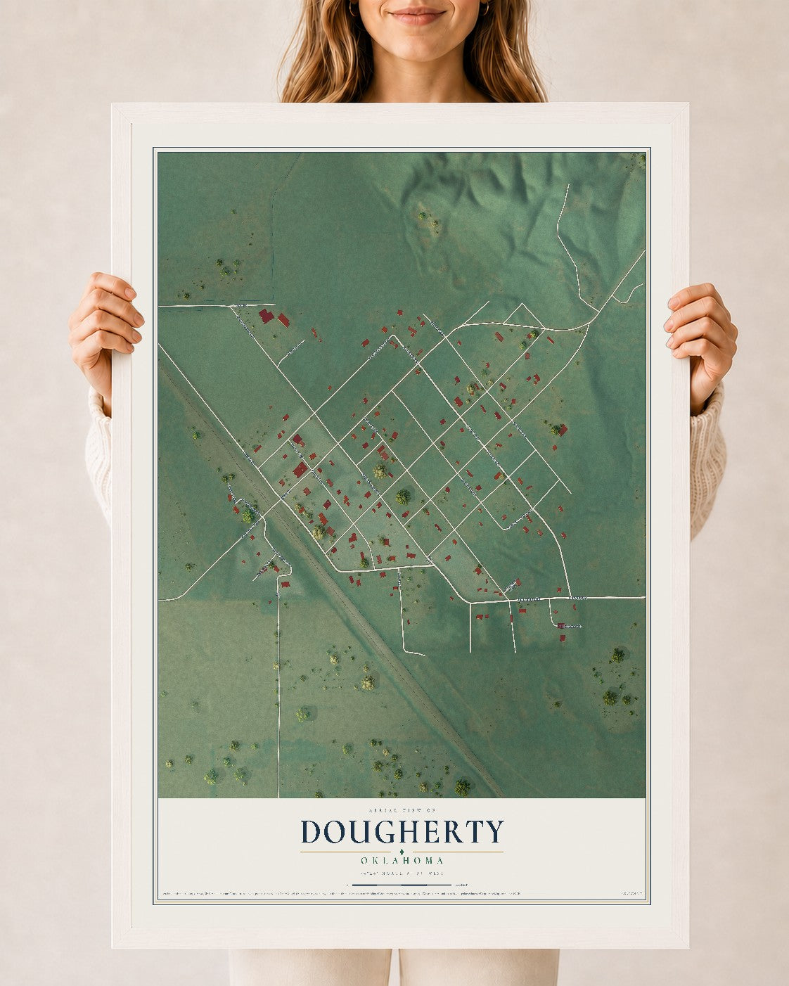 Map of Dougherty, Oklahoma, 24 x 36 inch print in a white wood frame