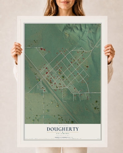 Map of Dougherty, Oklahoma, 24 x 36 inch print in a white wood frame