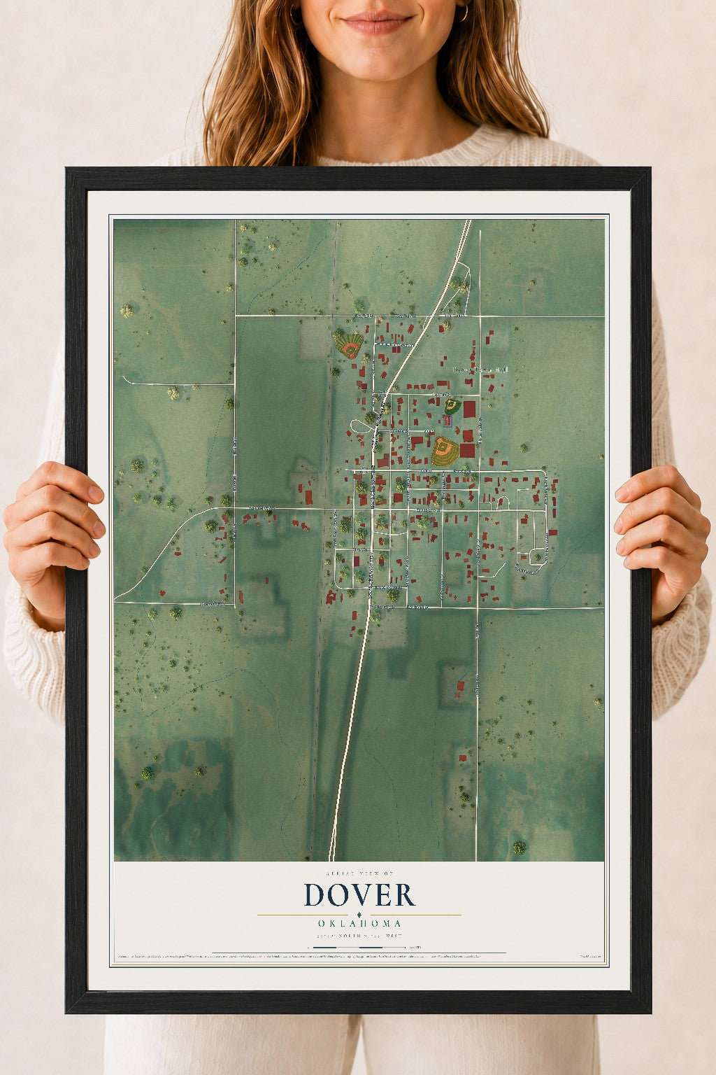 Map of Dover, Oklahoma, 18 x 24 inch print in a black wood frame