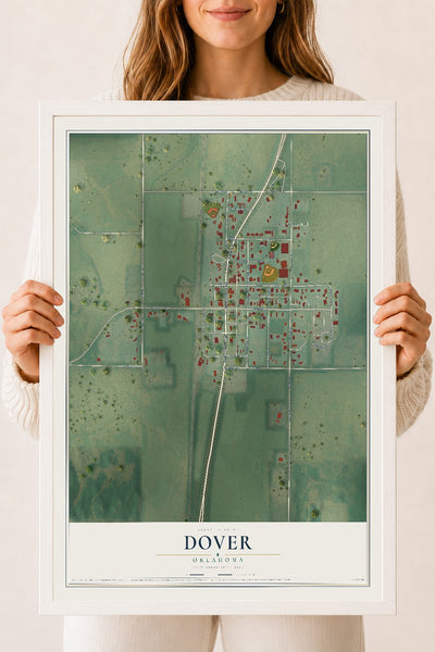 Map of Dover, Oklahoma, 18 x 24 inch print in a white wood frame