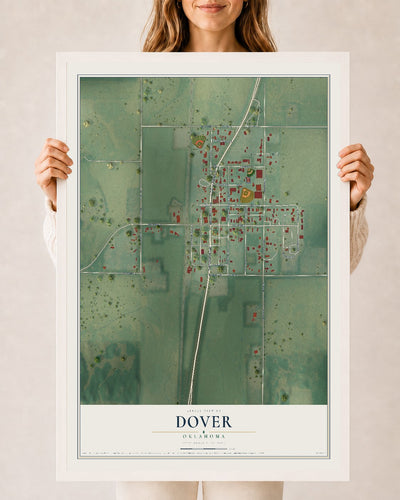 Map of Dover, Oklahoma, 24 x 36 inch print in a white wood frame
