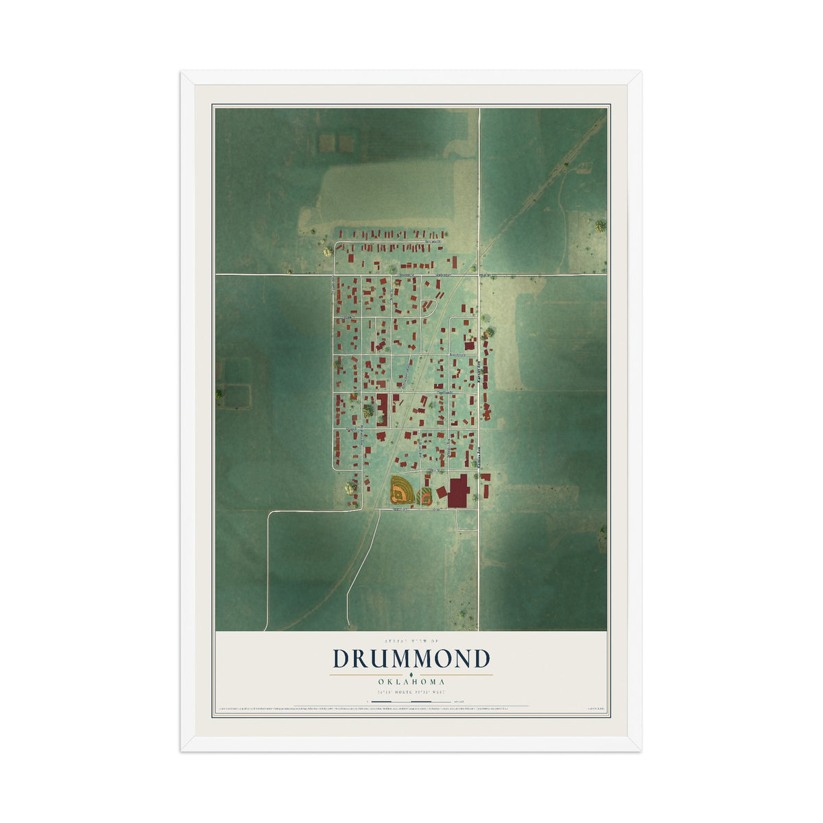 Map of Drummond, Oklahoma, 12 x 18 inch print in a white wood frame