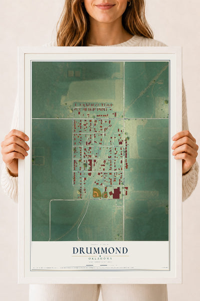 Map of Drummond, Oklahoma, 18 x 24 inch print in a white wood frame