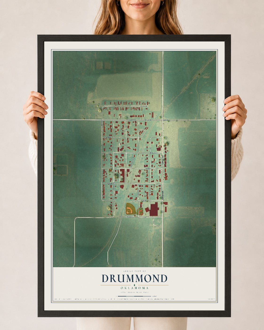 Map of Drummond, Oklahoma, 24 x 36 inch print in a black wood frame