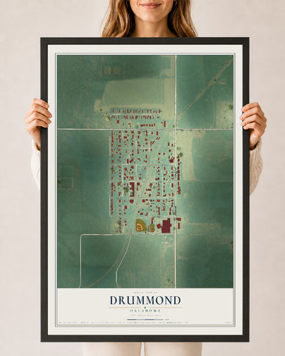 Map of Drummond, Oklahoma, 24 x 36 inch print in a black wood frame