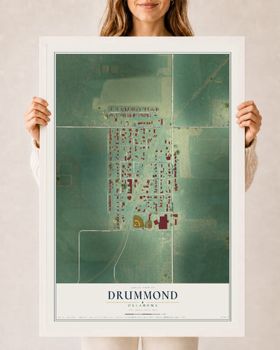 Map of Drummond, Oklahoma, 24 x 36 inch print in a white wood frame
