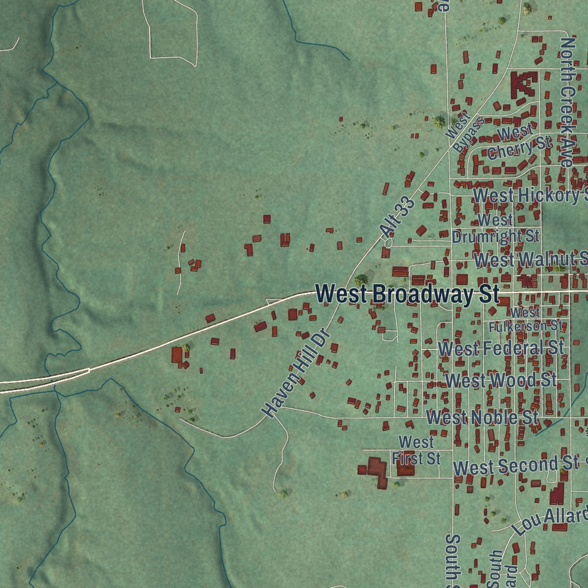 Second close-up of the map of Drumright, Oklahoma print showing more streets and buildings