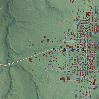 Second close-up of the map of Drumright, Oklahoma print showing more streets and buildings