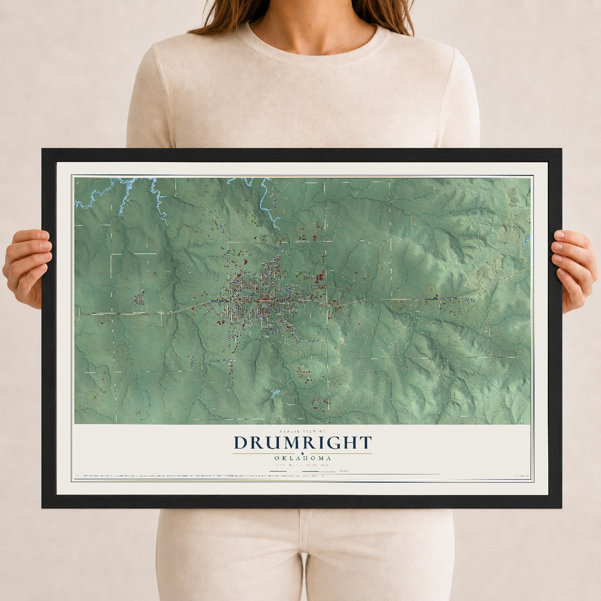 Map of Drumright, Oklahoma, 12 x 18 inch print in a black wood frame
