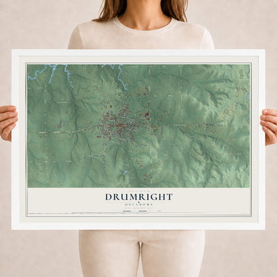 Map of Drumright, Oklahoma, 18 x 24 inch print in a white wood frame