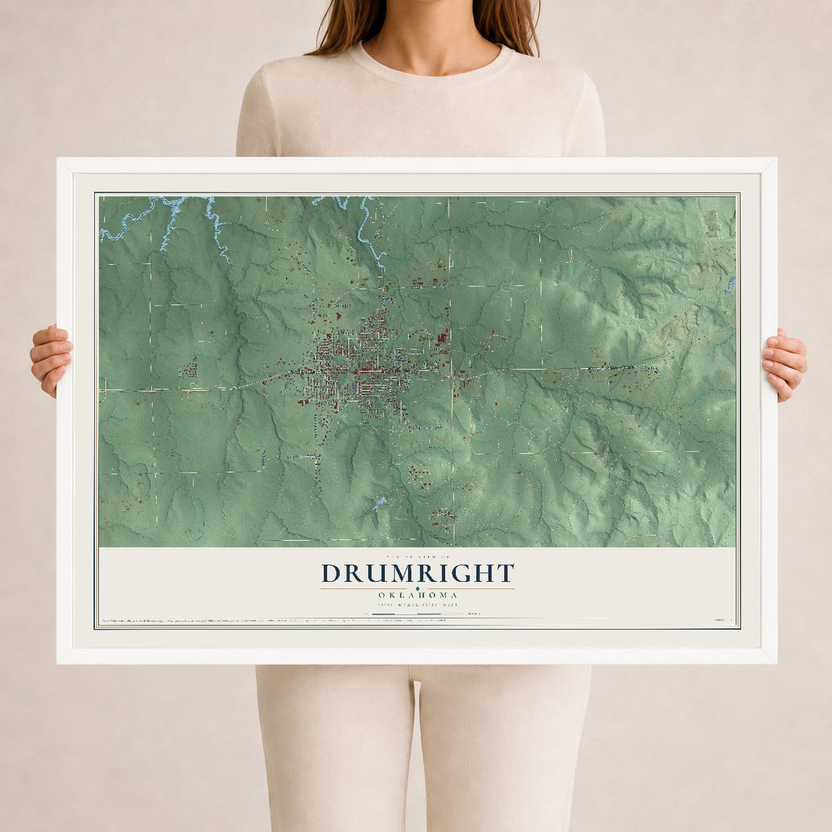 Map of Drumright, Oklahoma, 24 x 36 inch print in a white wood frame