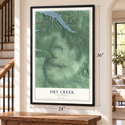 Dry Creek, Oklahoma map, 24 x 36 inch print in a black frame by a staircase