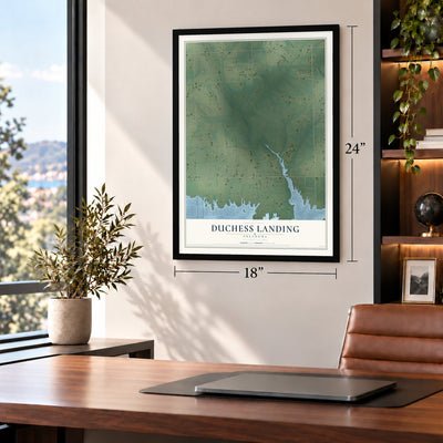Duchess Landing, Oklahoma map, 18 x 24 inch print in a black frame in a home office