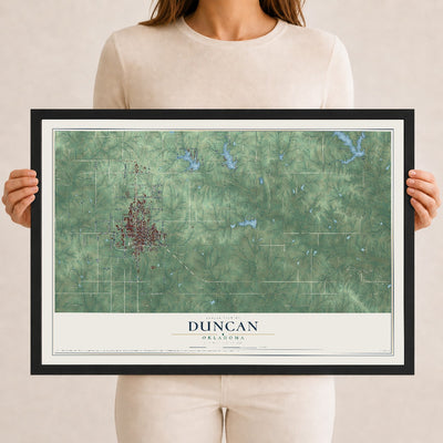 Map of Duncan, Oklahoma, 12 x 18 inch print in a black wood frame