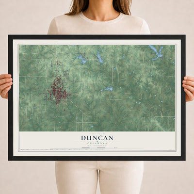 Map of Duncan, Oklahoma, 18 x 24 inch print in a black wood frame