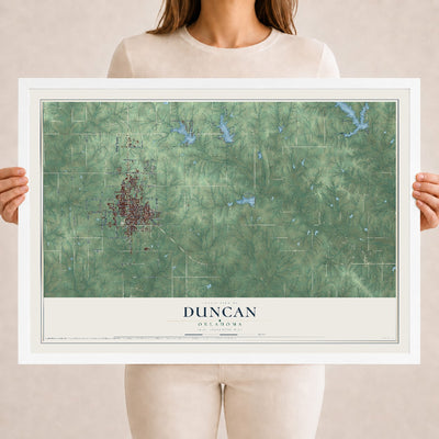 Map of Duncan, Oklahoma, 18 x 24 inch print in a white wood frame