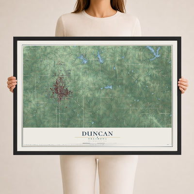 Map of Duncan, Oklahoma, 24 x 36 inch print in a black wood frame