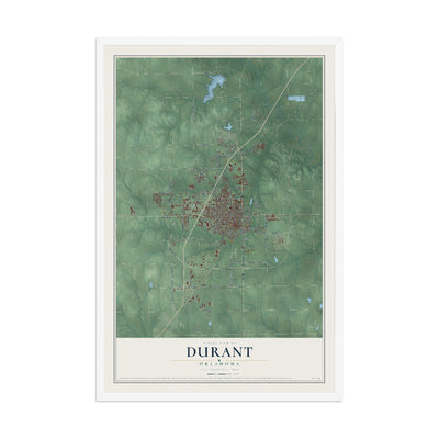 Map of Durant, Oklahoma, 12 x 18 inch print in a white wood frame
