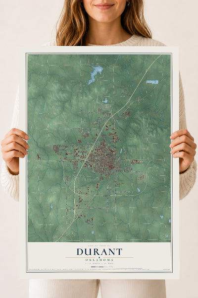 Map of Durant, Oklahoma, 18 x 24 inch unframed archival matte print