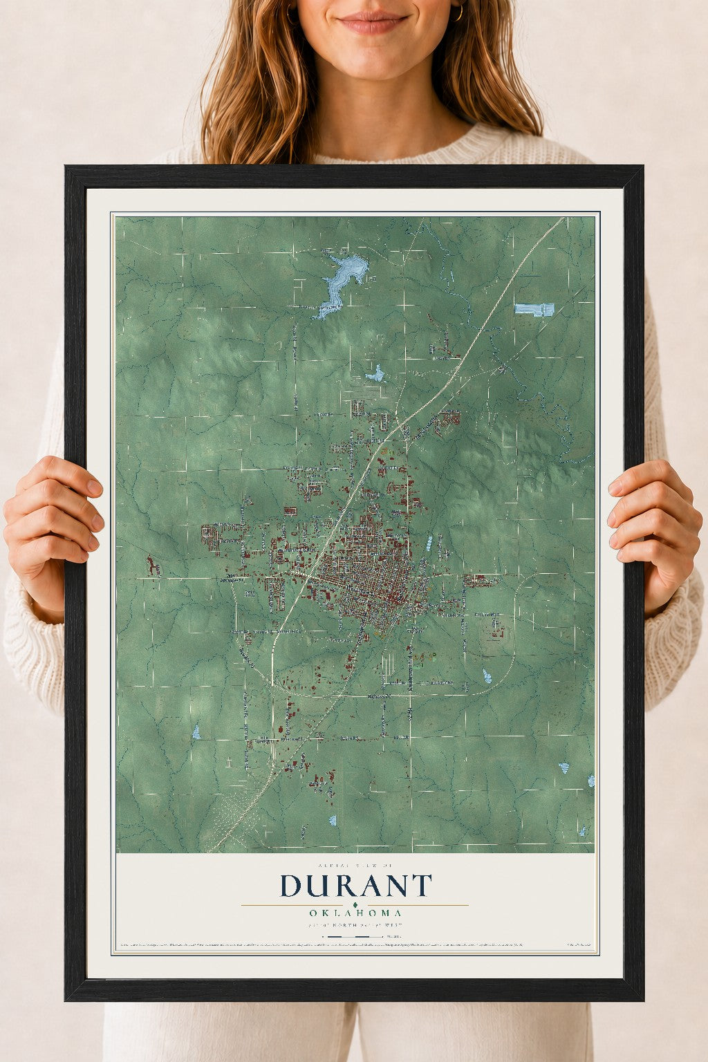 Map of Durant, Oklahoma, 18 x 24 inch print in a black wood frame