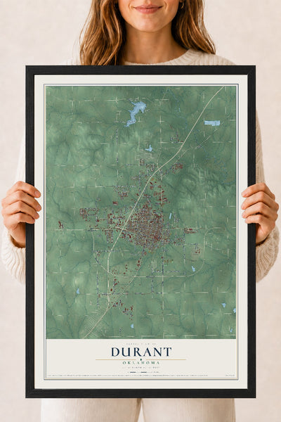 Map of Durant, Oklahoma, 18 x 24 inch print in a black wood frame