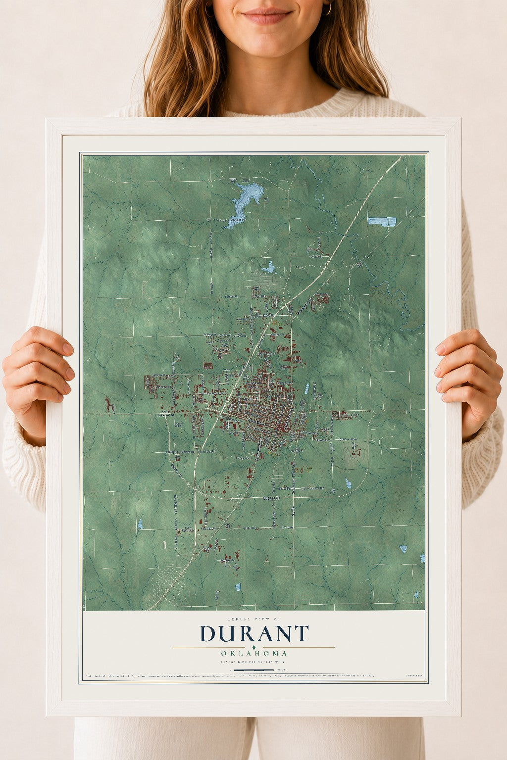Map of Durant, Oklahoma, 18 x 24 inch print in a white wood frame