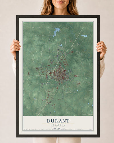 Map of Durant, Oklahoma, 24 x 36 inch print in a black wood frame