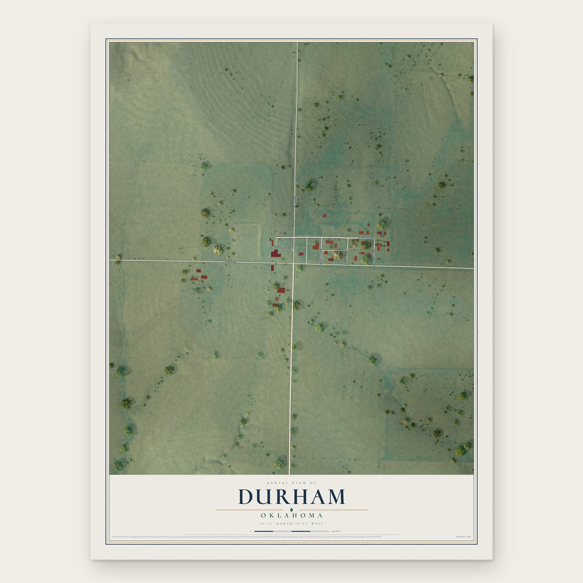 Durham, Oklahoma map print, the full design