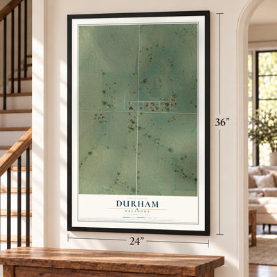 Durham, Oklahoma map, 24 x 36 inch print in a black frame by a staircase