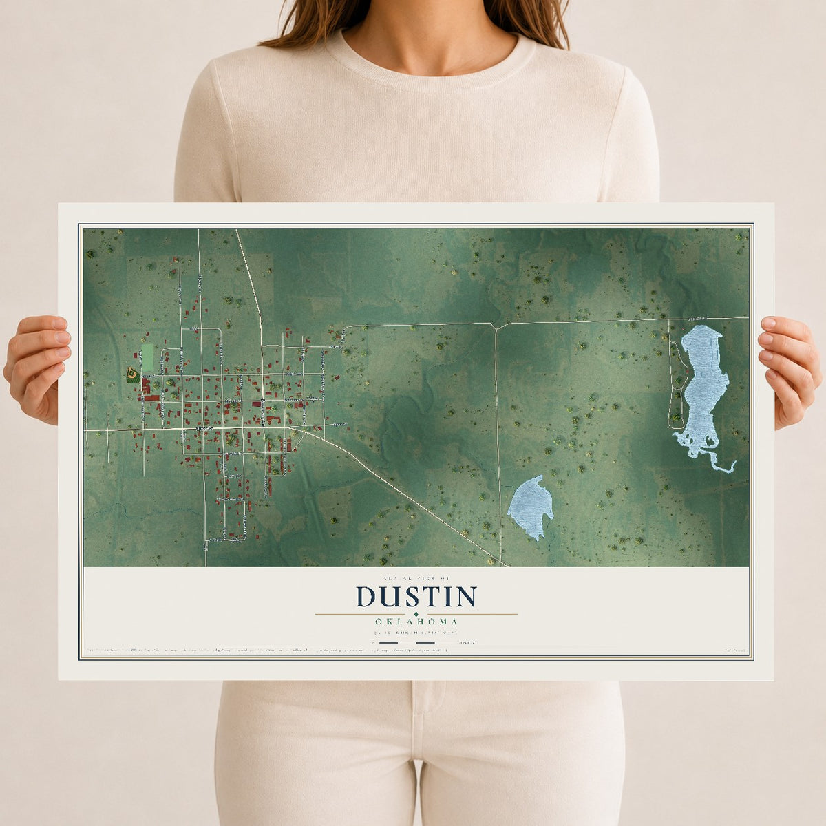 Map of Dustin, Oklahoma, 12 x 18 inch unframed archival matte print