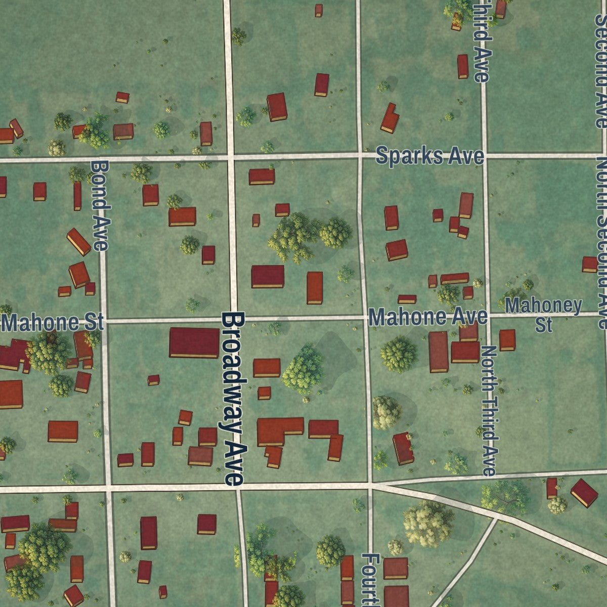 Close-up of the map of Dustin, Oklahoma print showing street and building detail