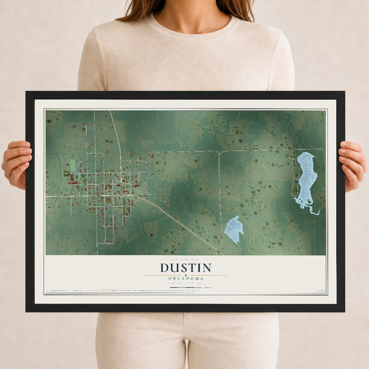 Map of Dustin, Oklahoma, 12 x 18 inch print in a black wood frame