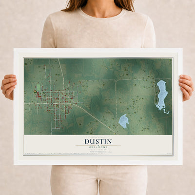 Map of Dustin, Oklahoma, 12 x 18 inch print in a white wood frame