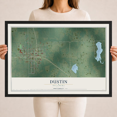 Map of Dustin, Oklahoma, 18 x 24 inch print in a black wood frame
