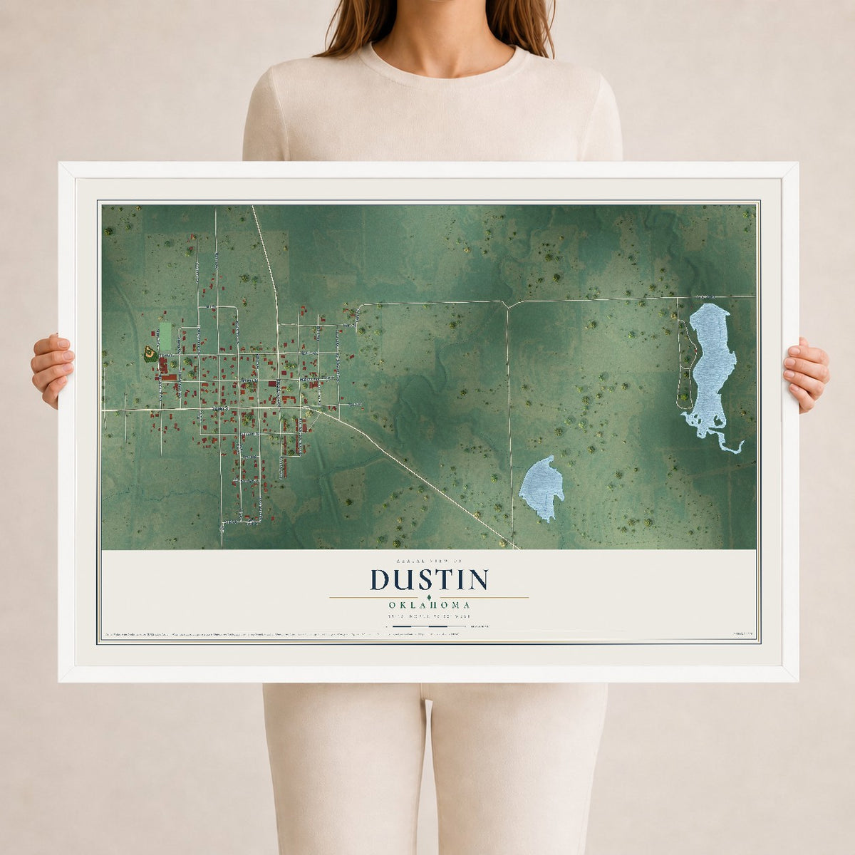 Map of Dustin, Oklahoma, 24 x 36 inch print in a white wood frame