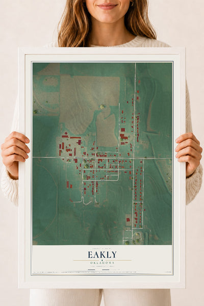 Map of Eakly, Oklahoma, 18 x 24 inch print in a white wood frame