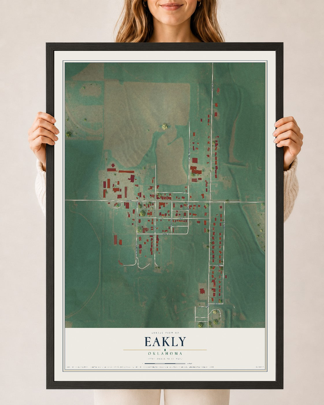 Map of Eakly, Oklahoma, 24 x 36 inch print in a black wood frame