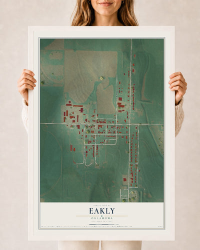 Map of Eakly, Oklahoma, 24 x 36 inch print in a white wood frame