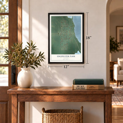 Edgewater Park, Oklahoma map, 12 x 18 inch print in a black frame in an entryway