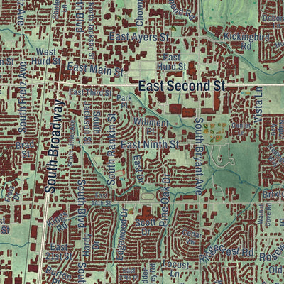 Close-up of the map of Edmond, Oklahoma print showing street and building detail