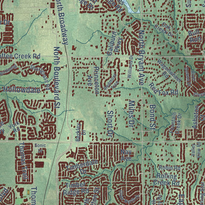 Second close-up of the map of Edmond, Oklahoma print showing more streets and buildings